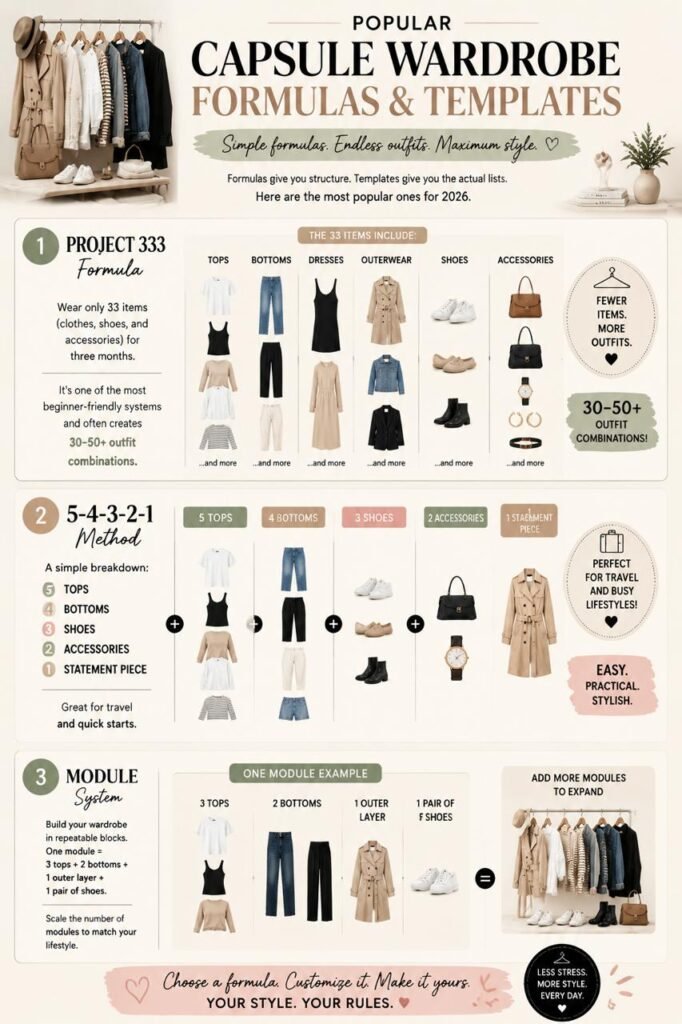 Capsule Wardrobe Guide: Basics, Essentials, Staples, Checklist, Rules, Formulas & Templates for Beginners