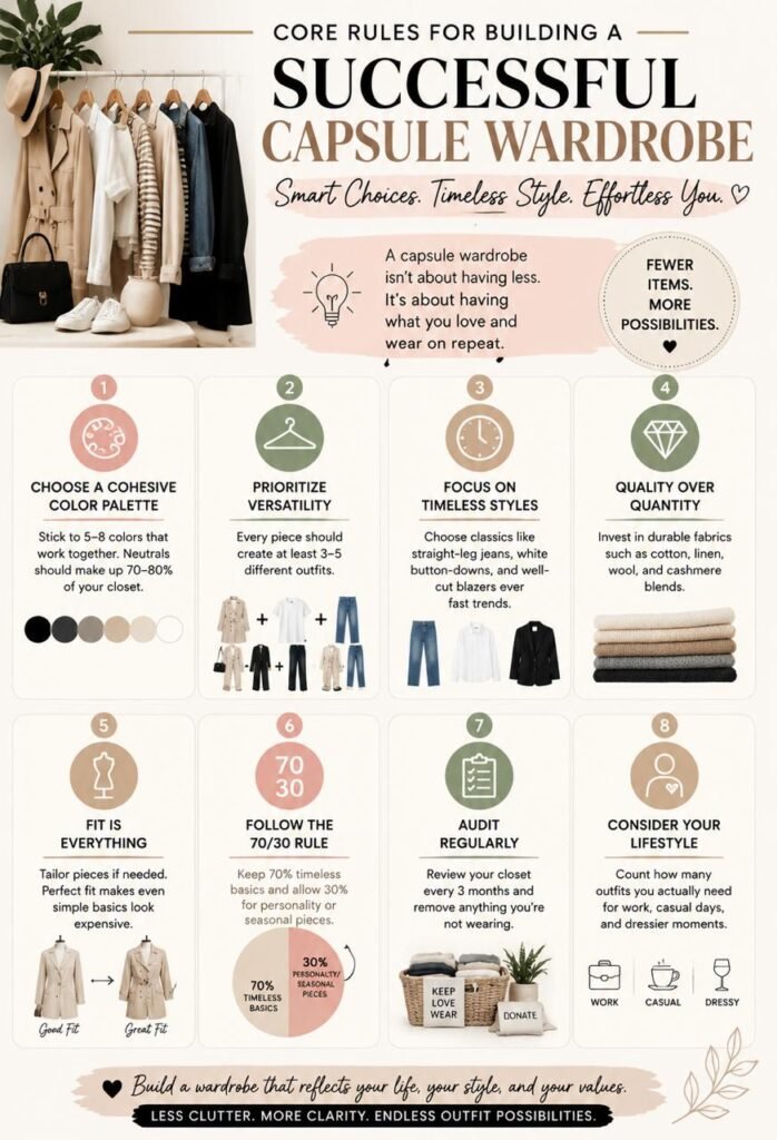 Capsule Wardrobe Guide: Basics, Essentials, Staples, Checklist, Rules, Formulas & Templates for Beginners