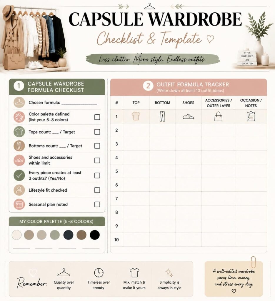 Capsule Wardrobe Guide: Basics, Essentials, Staples, Checklist, Rules, Formulas & Templates for Beginners